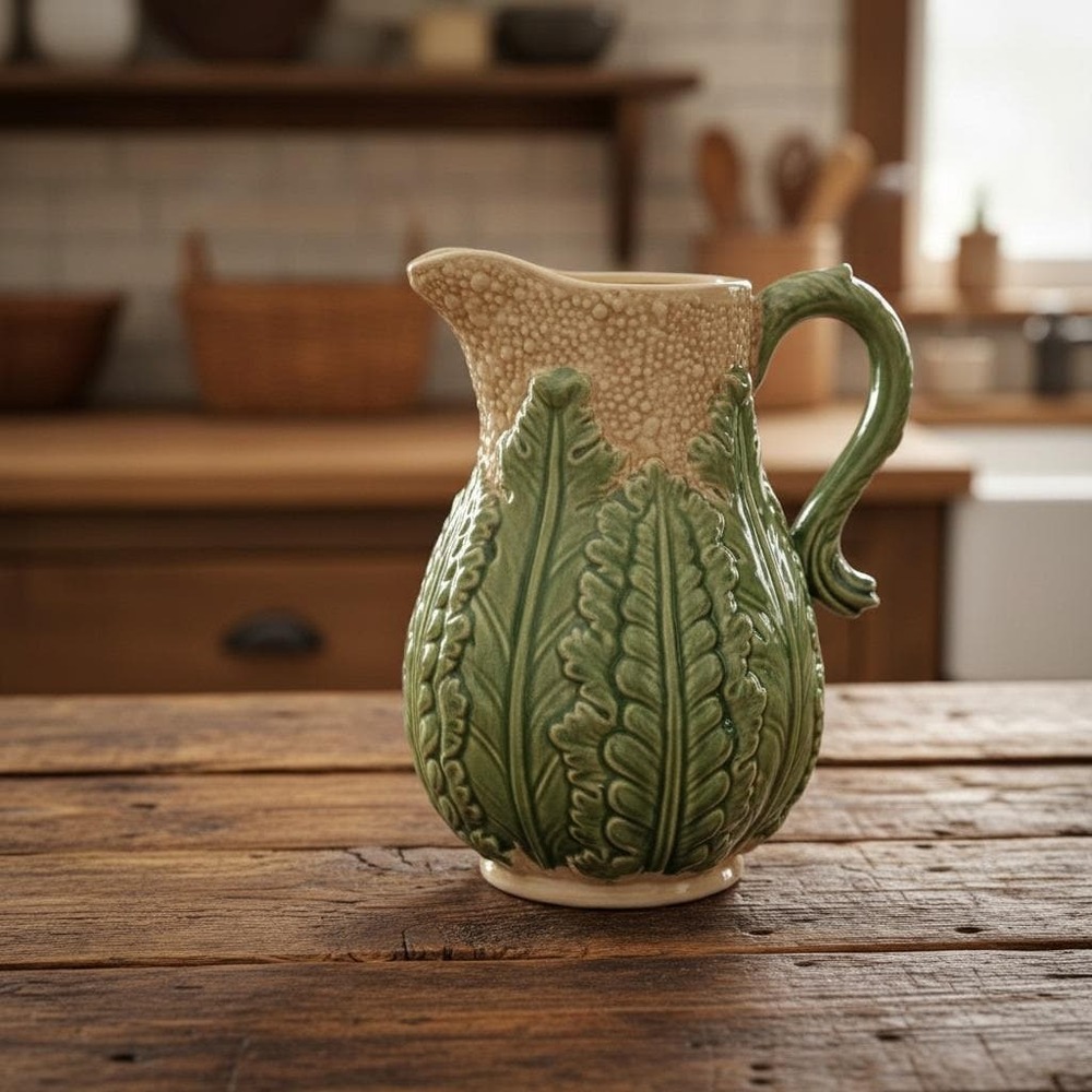 Cauliflower Cabbage Majolica Style Pitcher 9.75" Unbranded Ceramic Decor